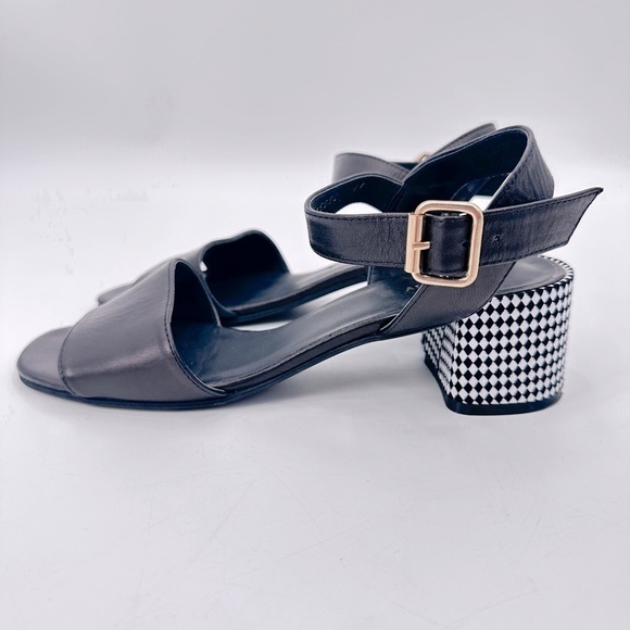 Anthropologie All Black Diamond Checker Heel Leather Sandals Size 41 - Picture 1 of 6